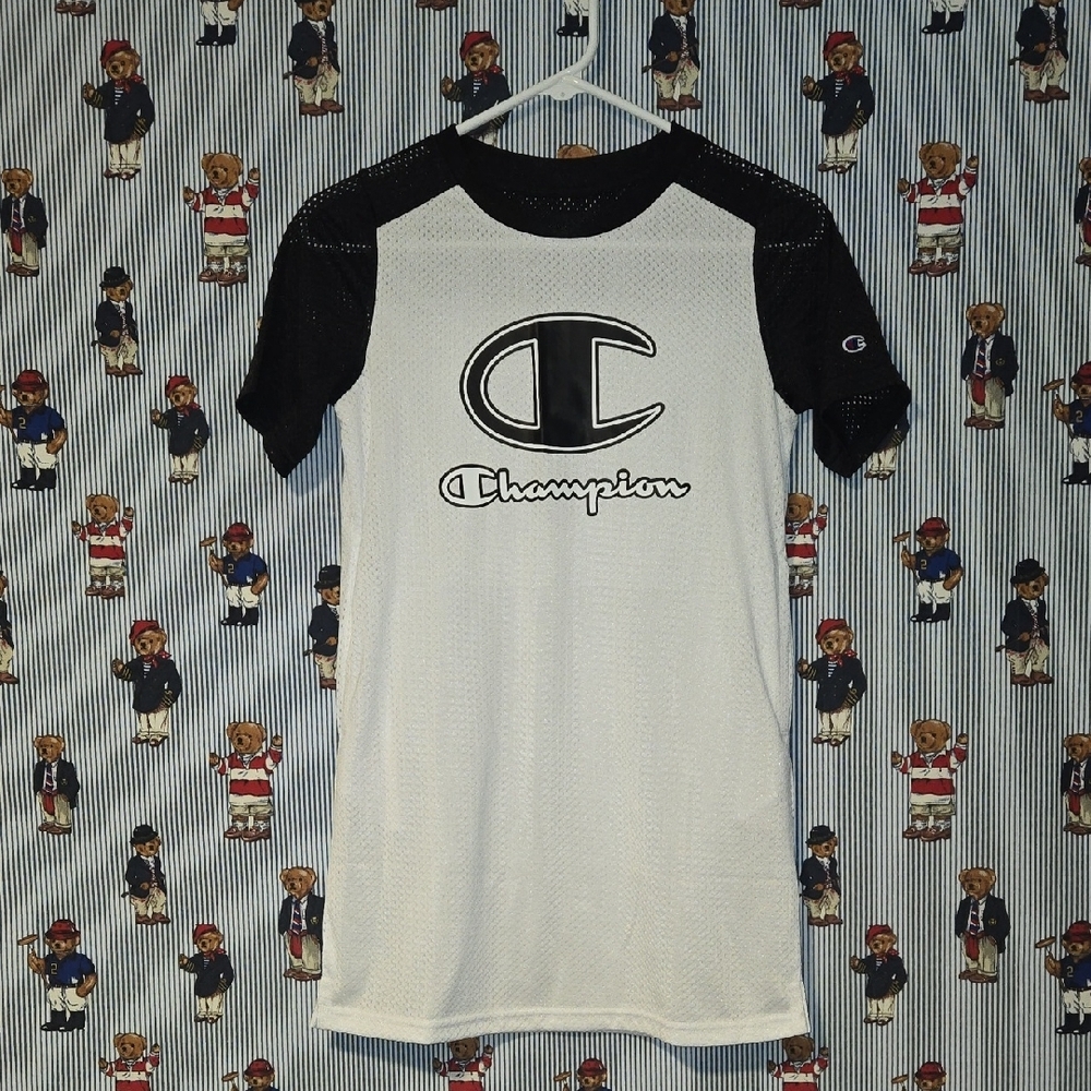 Girls Champion Dress Short Sleeve Casual/Sporty Mesh Dress Black White Medium